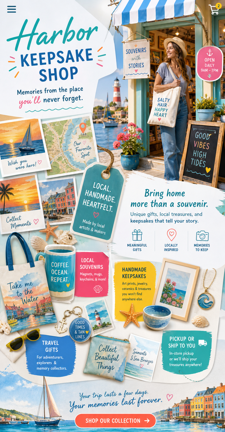Harbor Keepsake Shop coastal souvenir storefront and keepsake collage